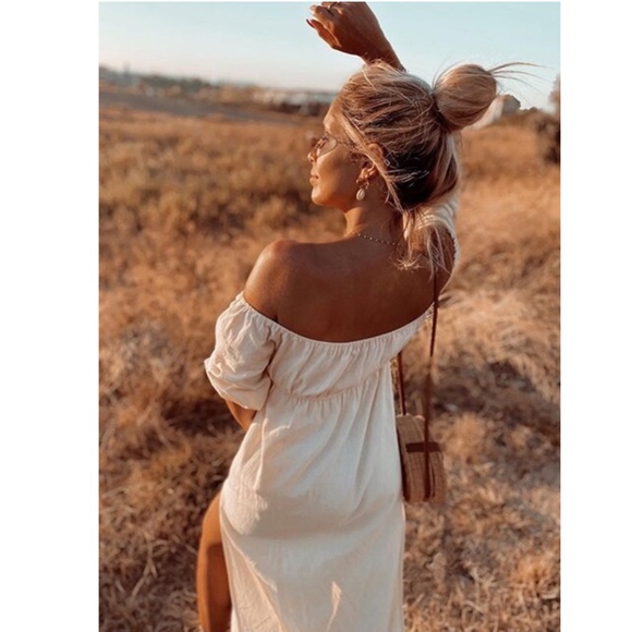 Off Shoulder Beige Boho Dress with Leg Slit - Picture 8 of 10